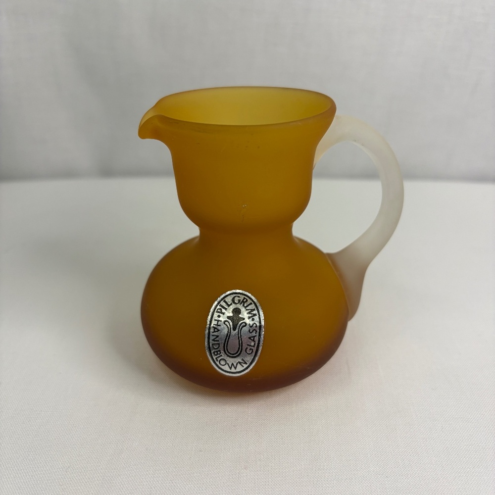 Vintage Hand Blown Pilgrim Satin Frosted Art Glass Amber Handle Mini Pitcher